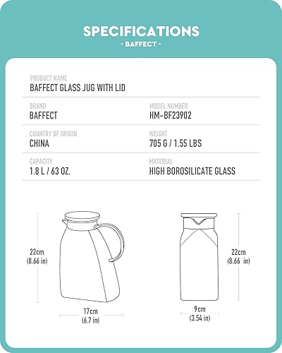 Miniatura 6 de Baffect Jarra de agua, jarra de vidrio con tapa y asa, jarra de vidrio de borosilicato de 63 onzas  1.8 L de alto para puerta del refrigerador,