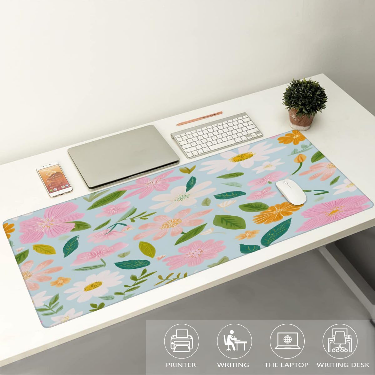 Large Beautiful Flowers Spring Mouse Mat Computer Mousepad with Non-Slip Rubber Base Waterproof Mouse Pad Desktop Keyboard Pad for Gamer,Home School Laptop Office Accessories,16x35.5in