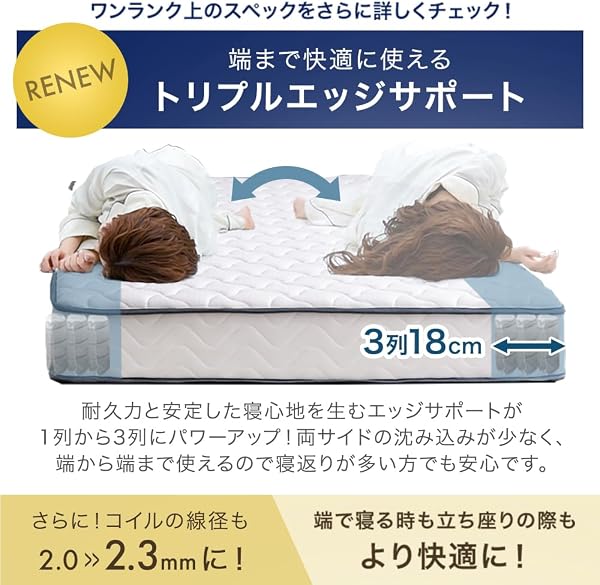 タンスのゲン マットレス クイーン 極厚22cm 線径2.3mm 高密度 コイル数 832個 ポケットコイル 通気性 3Dメッシュ 二層ウレタン ニット生地 シックハウス対策済 ベッドマットレス ブラック 17800032(114359) - 5