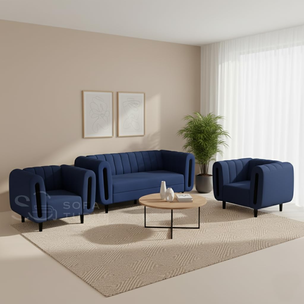 Premium Oval Shape Arm Sofa with Channel Tufted Velvet Unique Design with Metal Legs, Sofa for Living Room, Bedroom, Hallway (Blue, 3+1+1 Seater)-image-39