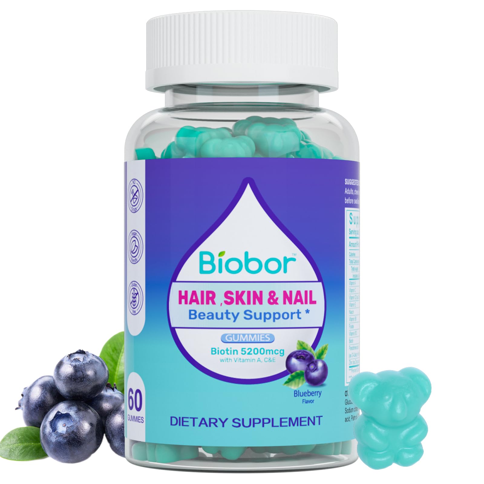 Hair Skin and Nails Vitamins Gummies,5200 mcg Biotin Vegan Chewable Supplement for Women Men with Vitamins A C D E, Blueberry Flavored, 60 Count (Random Packing)
