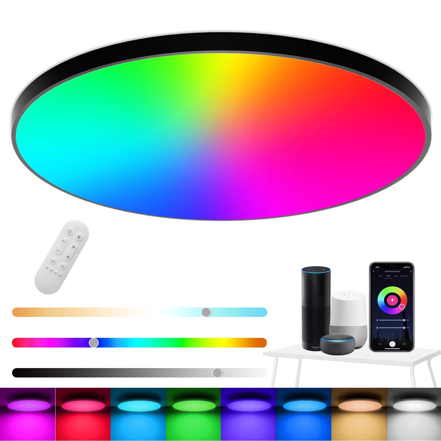 Eregou RGB LED Deckenleuchte Dimmbar, 24W 2400LM Smart Deckenlampe mit Fernbedienung, IP44 LED Panel for Flur Schlafzimmer Wohnzimmer Bad Küche, Kompatibel mit Alexa APP Google Assistant