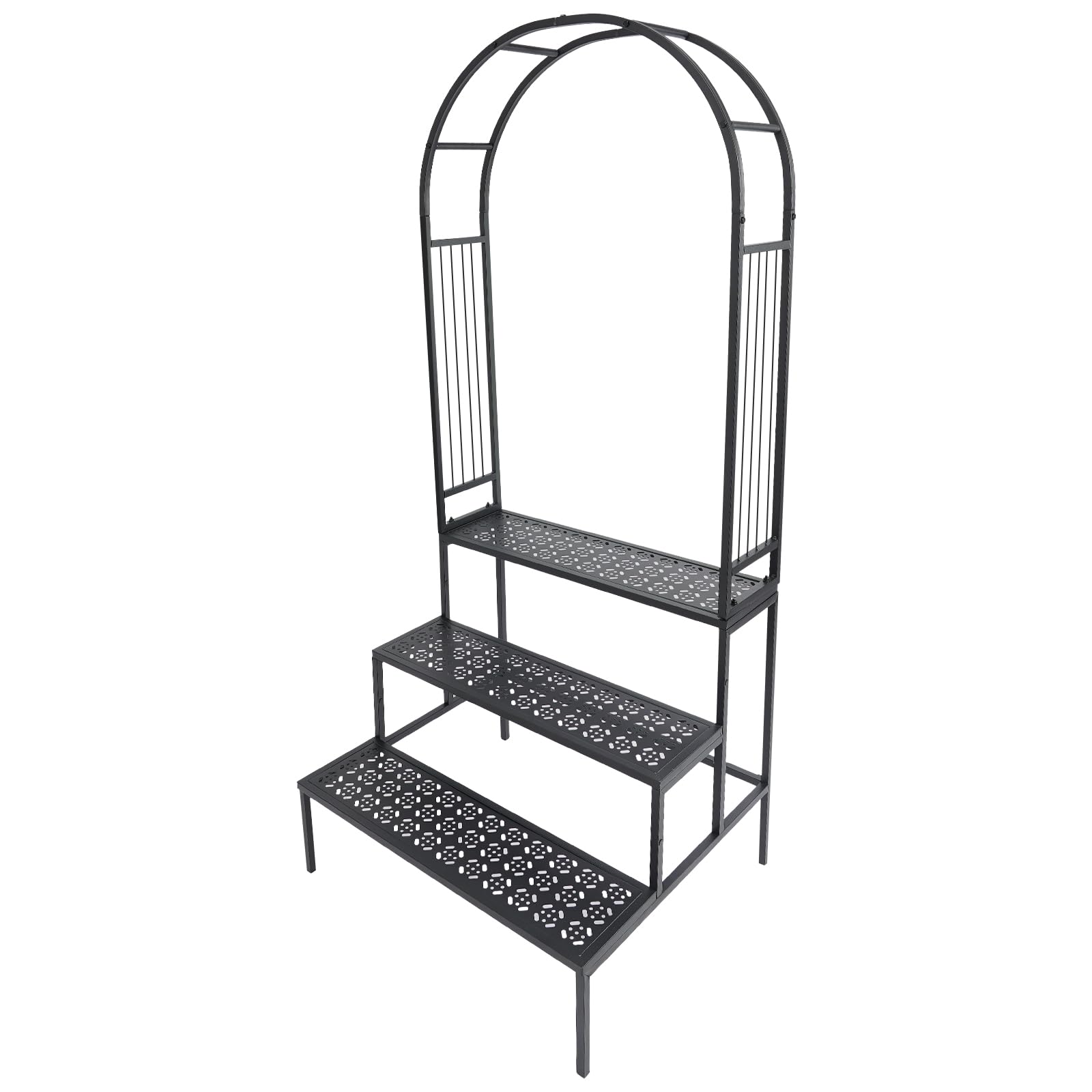 3 Etagen Metall-Blumenständer mit Rosenbogen Rankhilfe,Schwarz Pflanzenständer Pflanzenregal Blumenregal Blumentreppe Pflanzentreppe für Innen- und Außenbereich,Garten,Balkon,Zimmer