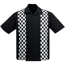 STEADY CLOTHING Mens V8 Checkered Mini Panel Button Up Bowling Shirt 3XL Black