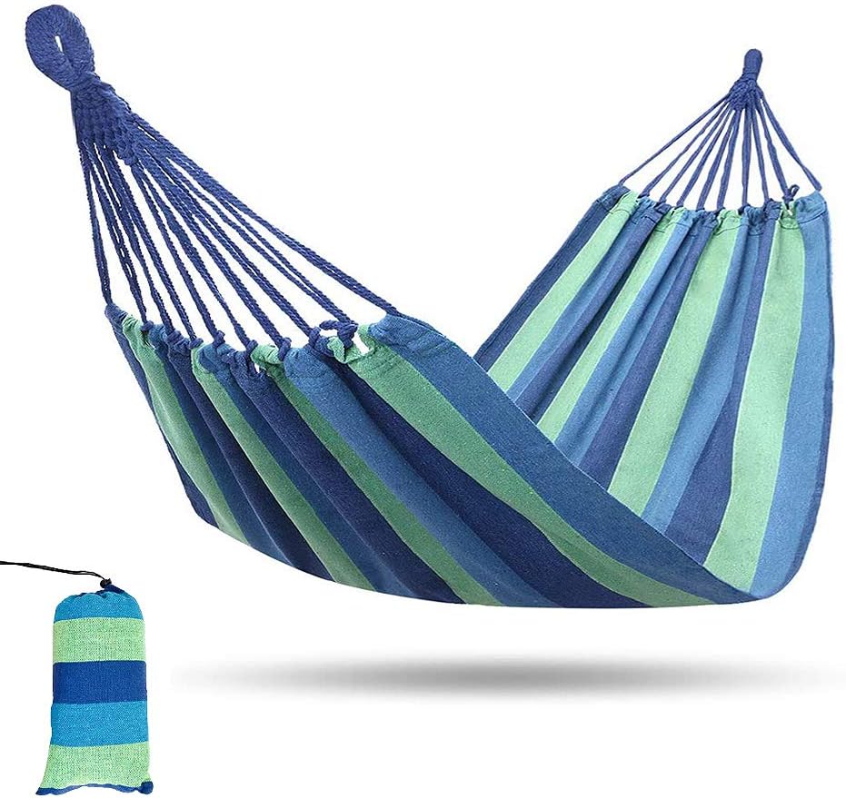 Camping Hammock,Portable Garden Hammock,Extra Long and Wide Brazilian Hammock Canvas Cotton Hammock with Carrying Bag for Patio Yard & Backyard &Porch & Outdoor/Indoor (Blue & Green Strip)