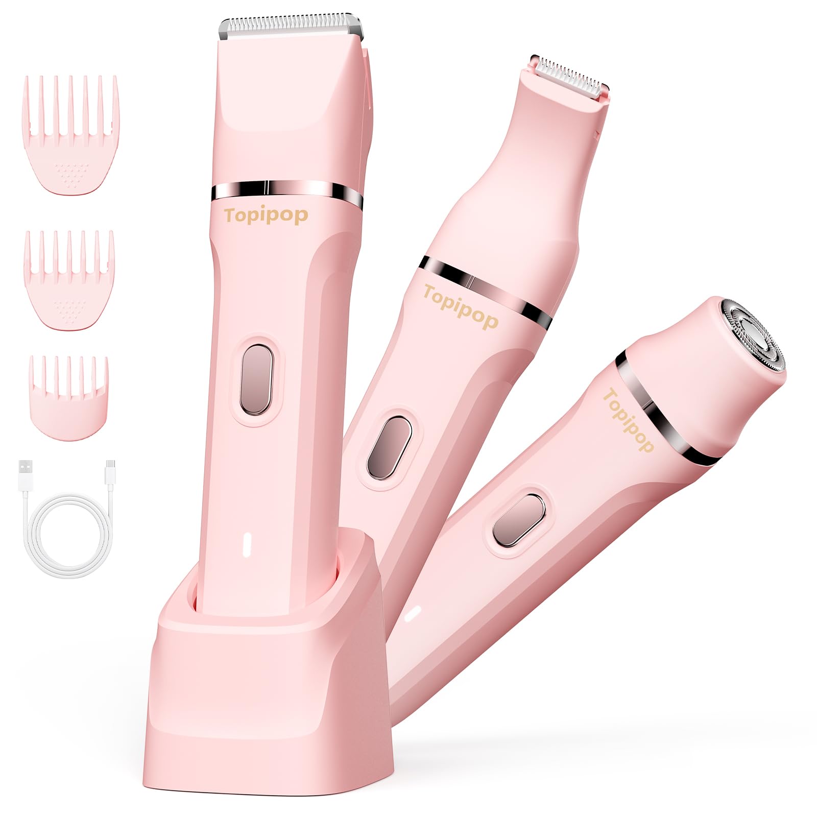 Intimrasierer für Frauen, Elektrischer Rasierer Damen mit 3 Aufsätzen, kabelloser und wiederaufladbarer Trimmer Damen für Intimbereich, Gesicht und Beine, Hautschonend & sanft(Rosa)