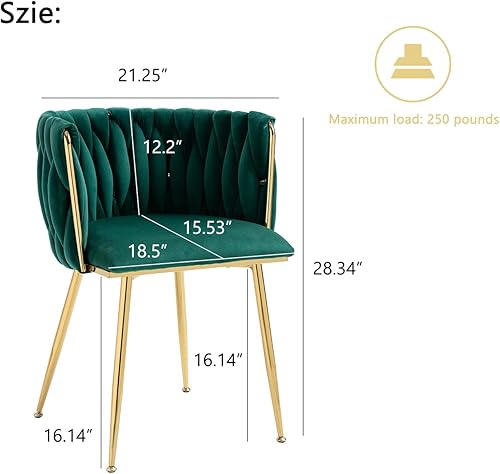 Miniatura 17 de Nrizc Juego de 2 sillas de comedor tejidas, sillas de comedor tapizadas de terciopelo con patas de metal dorado, sillas decorativas modernas para
