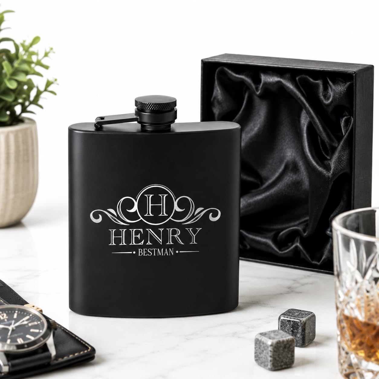 Personalised Hip Flask for Men - Engraved Stainless Steel Whisky Flask Gift Set | Groomsmen Gifts | Best Man Gifts Pocket Flask