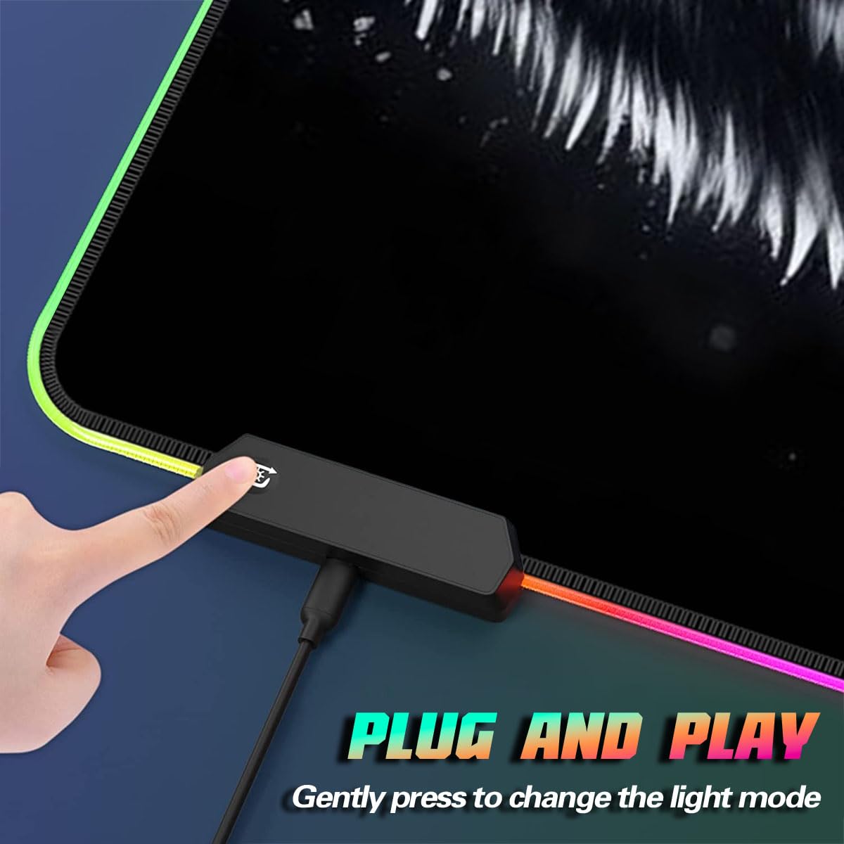 Grand Tapis Souris Jeu RGB 14 Modes LED Lumineuses Tapis Souris RGB étendu Base en Caoutchouc antidérapante et Surface imperméable Tapis Clavier Tapis Souris Portrait Loup Gris 40 x 90 cm