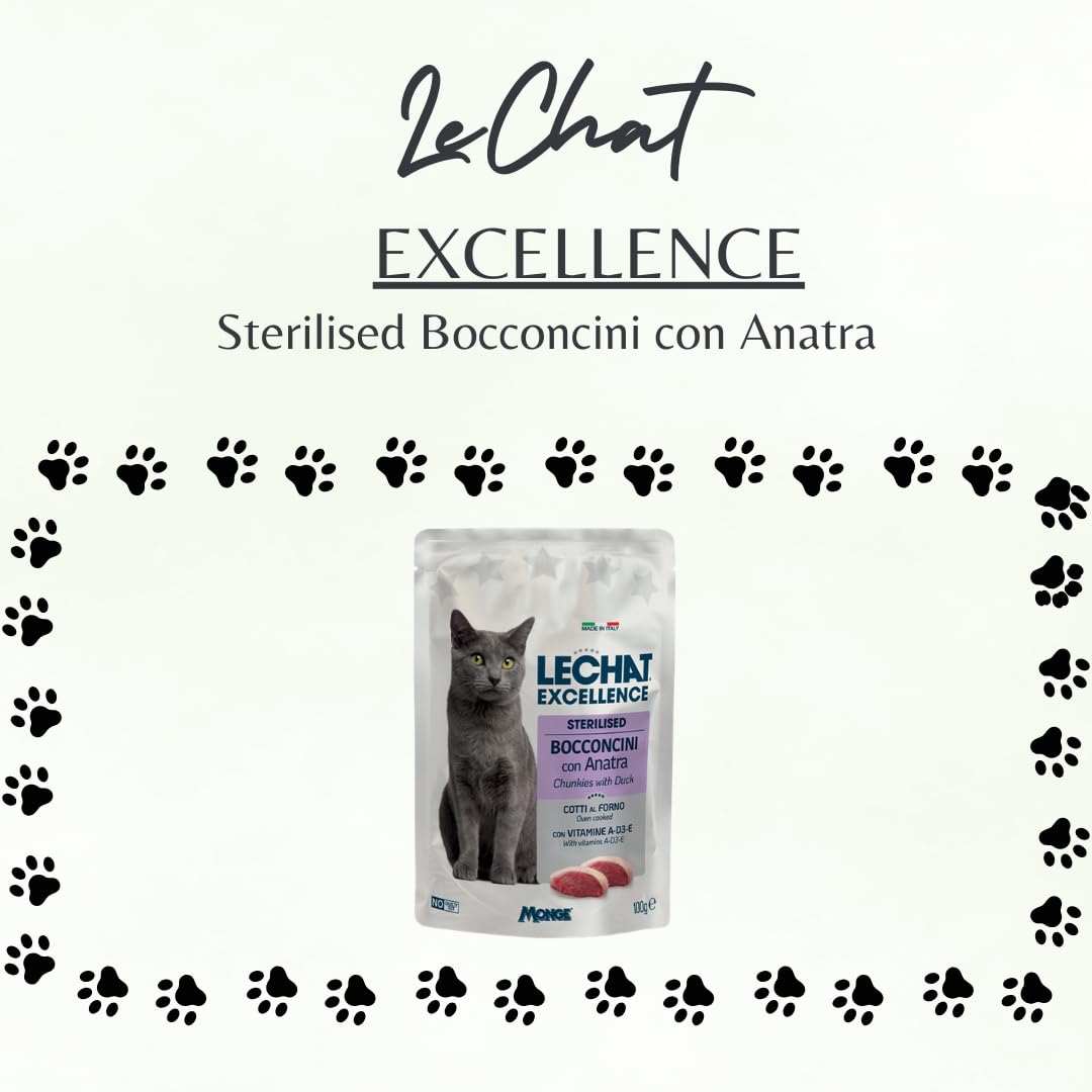 Monge LeChat Excellence Sterilised Friandises avec canard, nourriture humide complète pour chats adultes stérilisés, sans colorants ni conservateurs, fabriquée en Italie, 12 sachets de 100 g