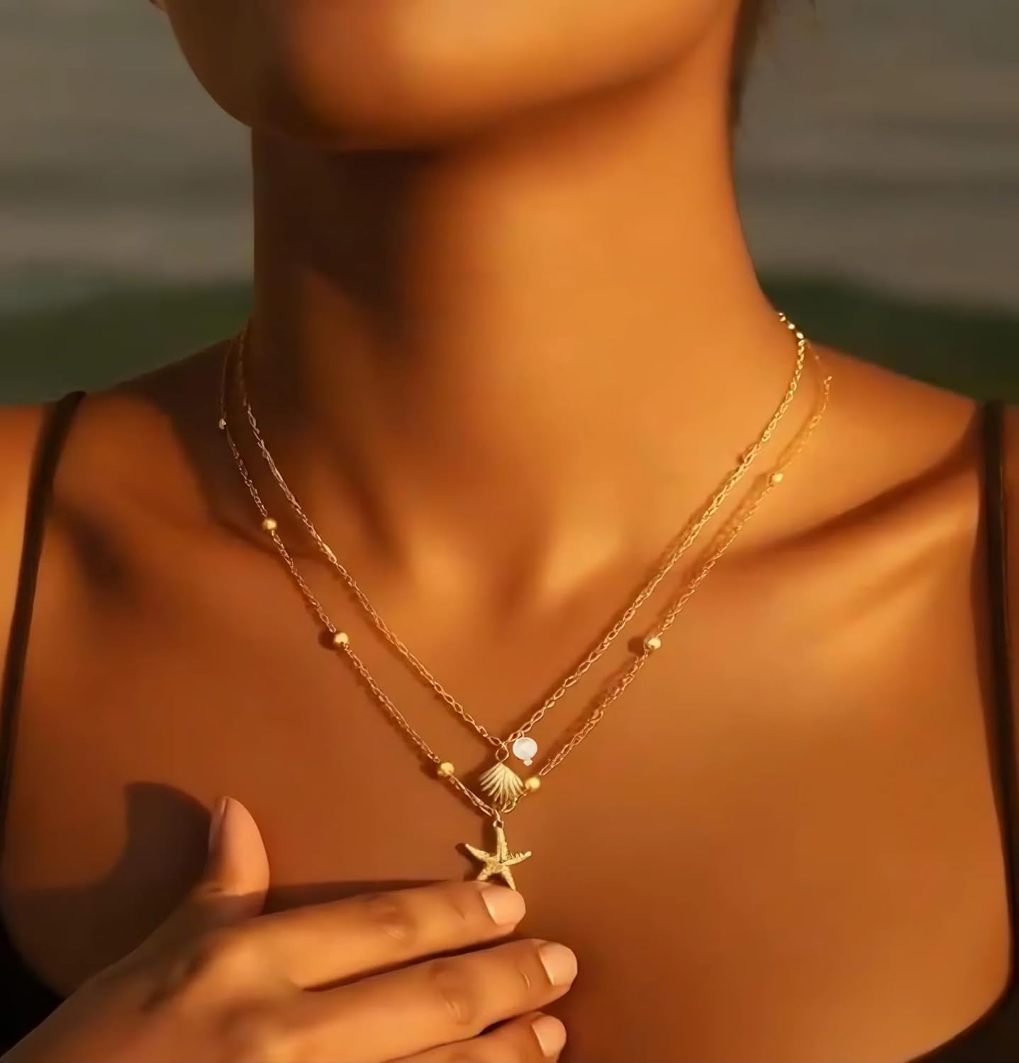 Starfish SeaShell Necklace for Women,Gold Plated Layered Turtle Shell Pearl Pendant Charm Necklaces Stack, Adjustable Stainless Steel Jewelry for Summer Beach Vacation - Image 3