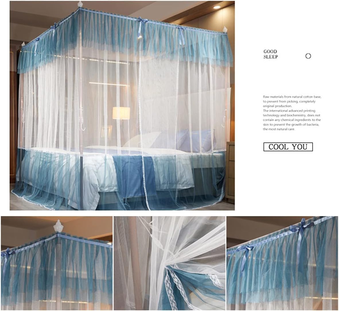 Double Bed Square Mosquito Net, Polyester Floor-Length Lace Curtains, 4 Corners for Indoor Bedroom Decoration (1.8 * 2.2m) A 1.5 * 2m
