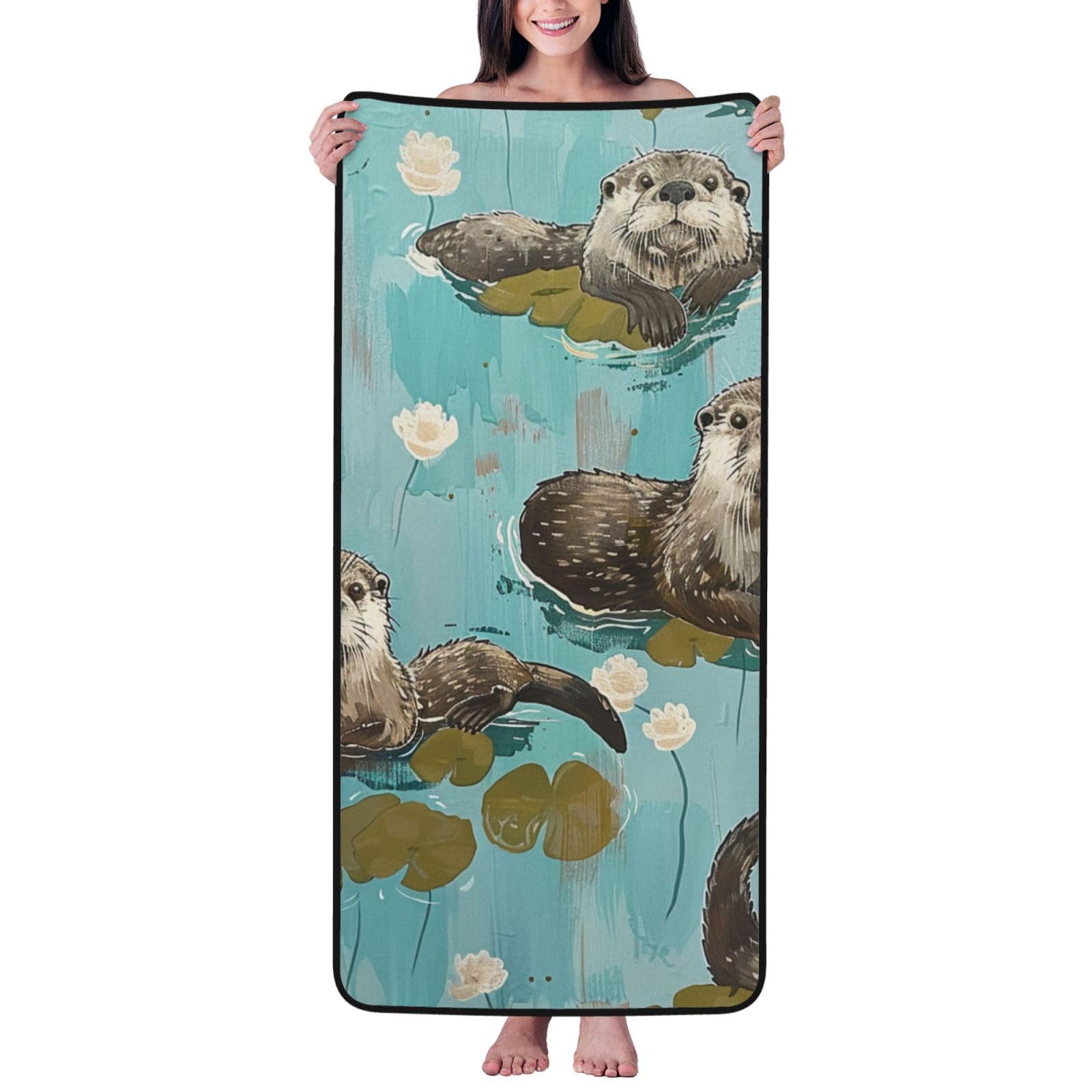 WPKJU Otters Printed Bath Towel with Black Edging - 27x55 in Soft Extra Absorbent Coral Velvet Shower Towels for Bathroom