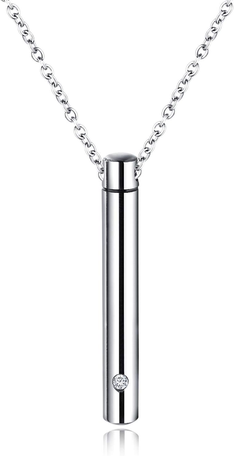 Unisex Stainless Steel Pet Jewelry Cylinder Crystal Memorials Screw Open Cremation Urn Necklace Pendant Ash Case Holder (Color : Black) (Silver)