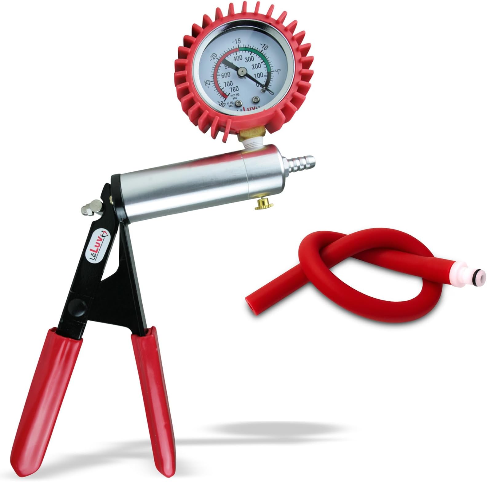 uv Ultima Vacuum Pump Handle - Gauge Installed with Protective Rubber Cover - Silver Aluminum Chamber, Red Padded Rubber Grips with Red Silicone Hose & Fitting