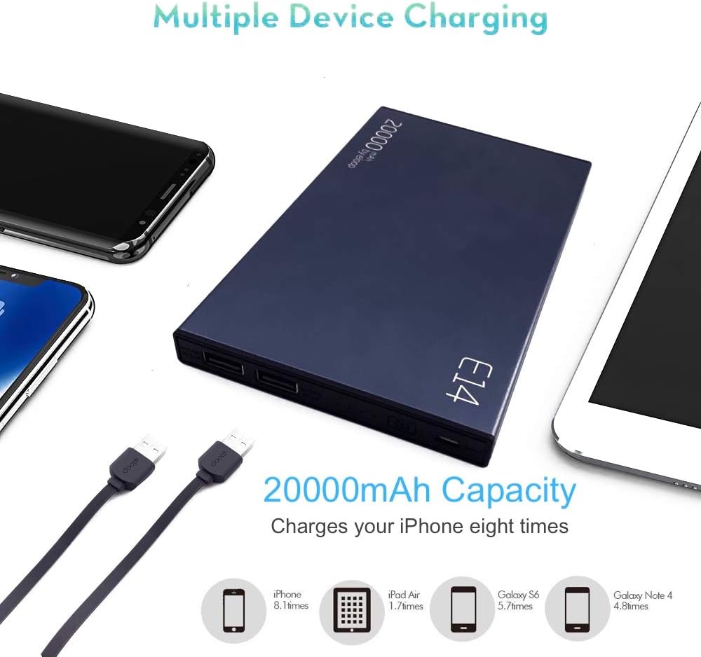ELOOP E14 Power Bank (blue) demonstrating charging capacity for various devices.