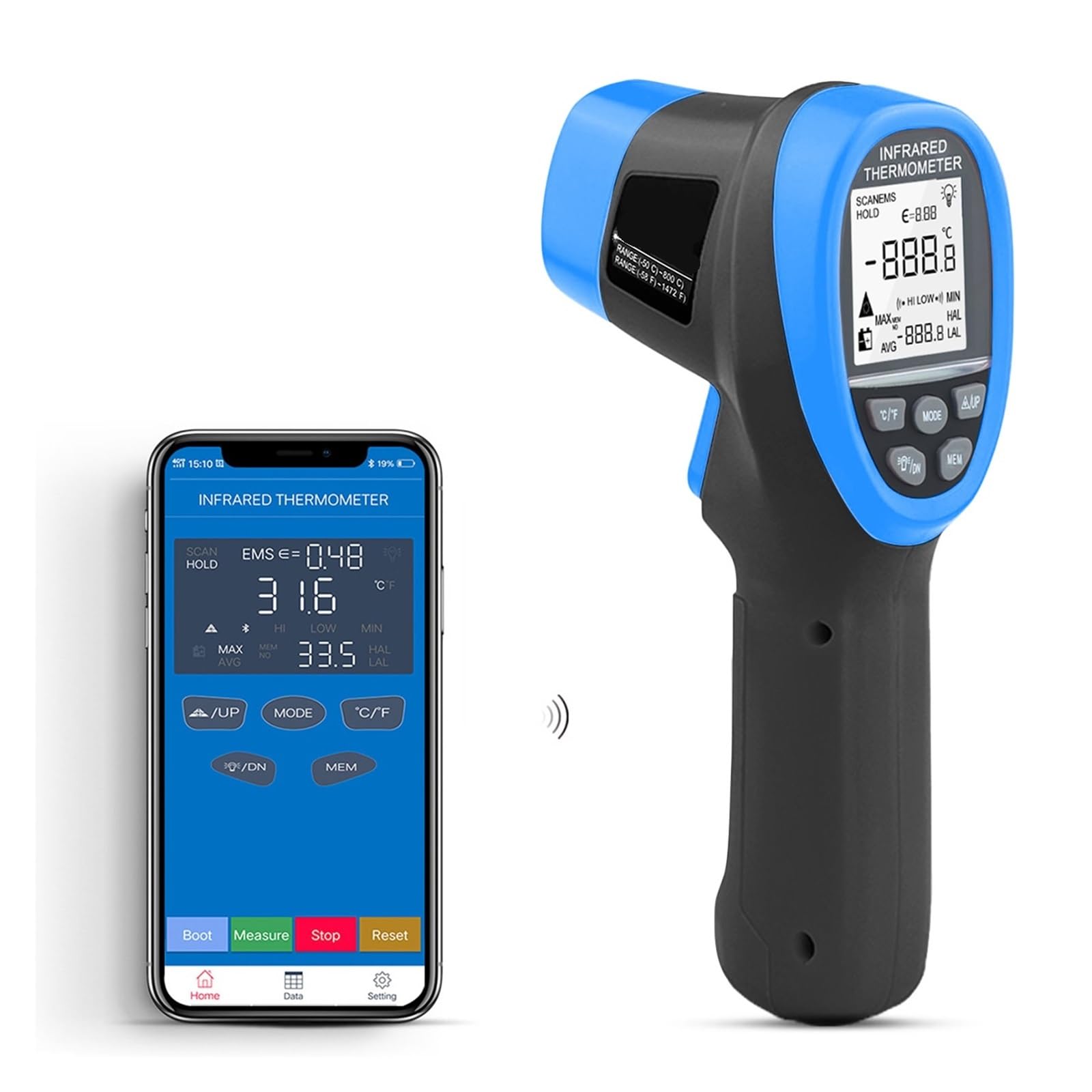 Termometro digitale a infrarossi senza contatto -58℉~1472℉ con Bluetooth for lettura istantanea in HVAC