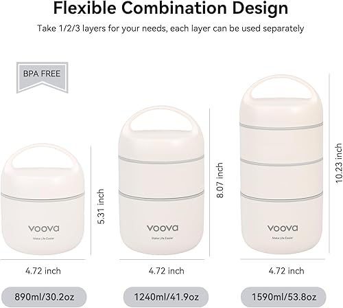Miniatura 2 de Voova Lonchera térmica apilable de acero inoxidable con bolsa de almuerzo y juego de cultería para adultos, mujeres y hombres, 3 niveles a prueba de