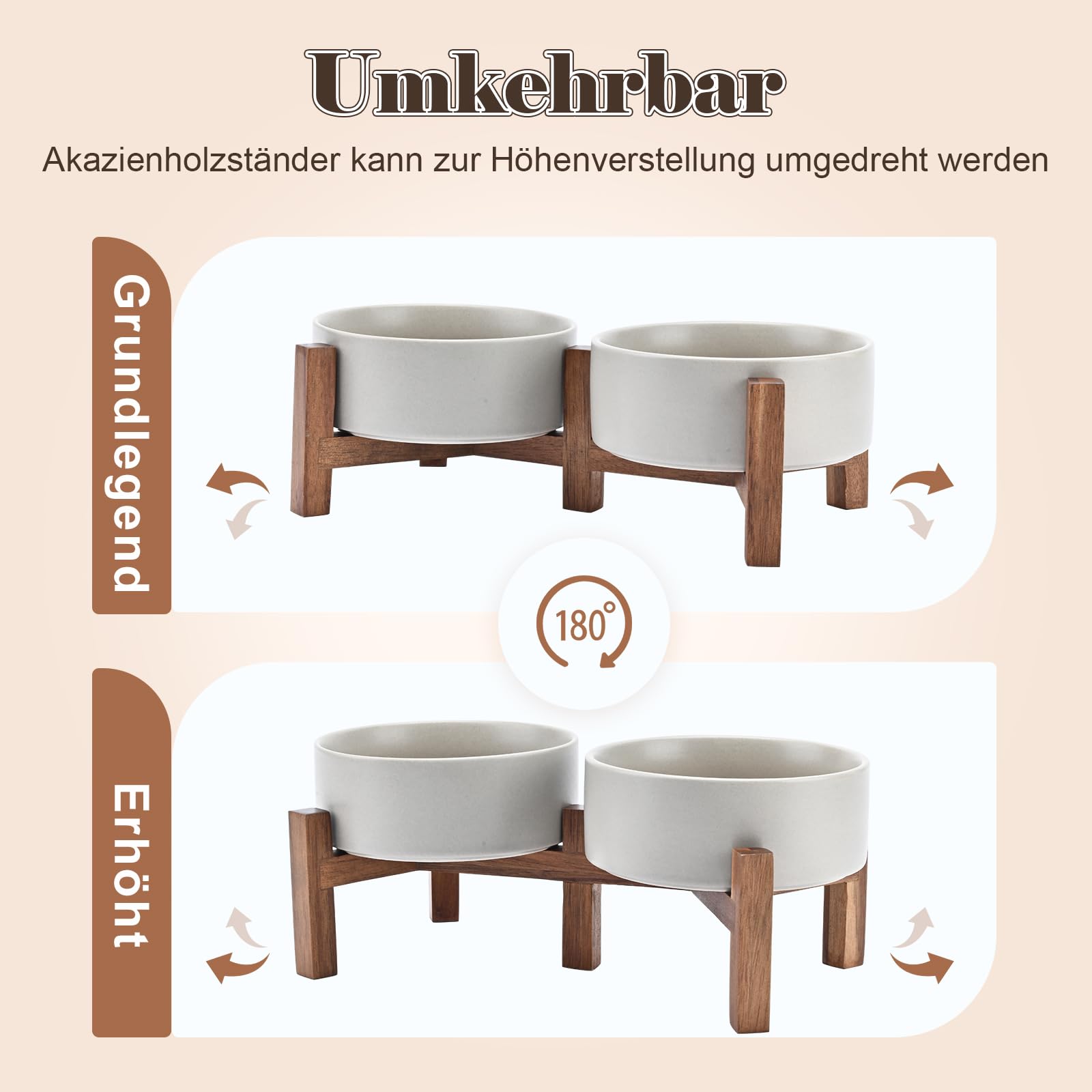 SPUNKYJUNKY Hundenapf Keramik Doppel Hund Futternapf Erhöhte Napf mit Akazienholz Ständer für Katzen und Hunde(400ml, Grau)