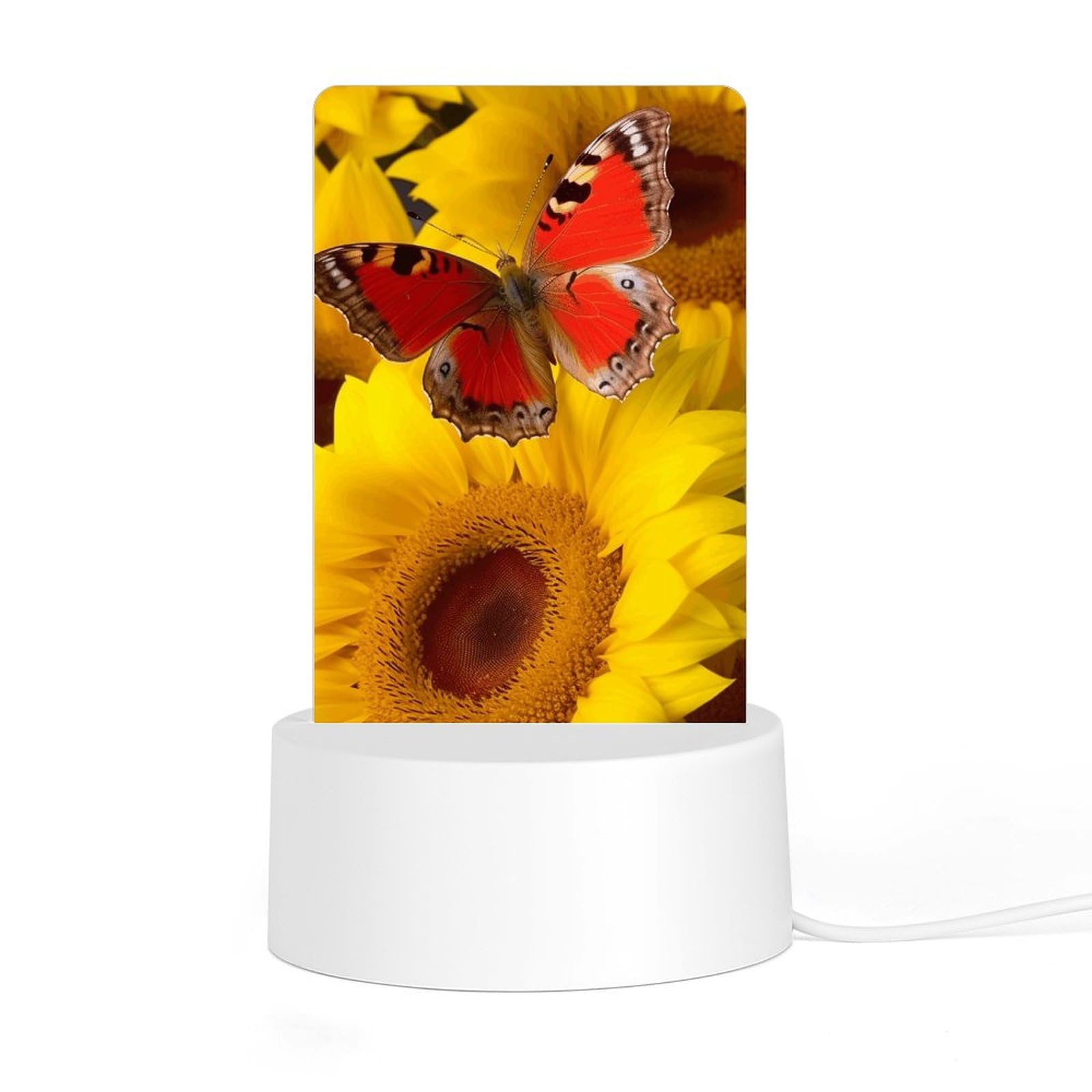JTREHY Acrylic Night Light with Base, Yellow Sunflowers with Red Butterfly Printed Desktop Night Light LED Bedside Night Light for Bedroom, Bathroom, Corridor, Holiday Gift