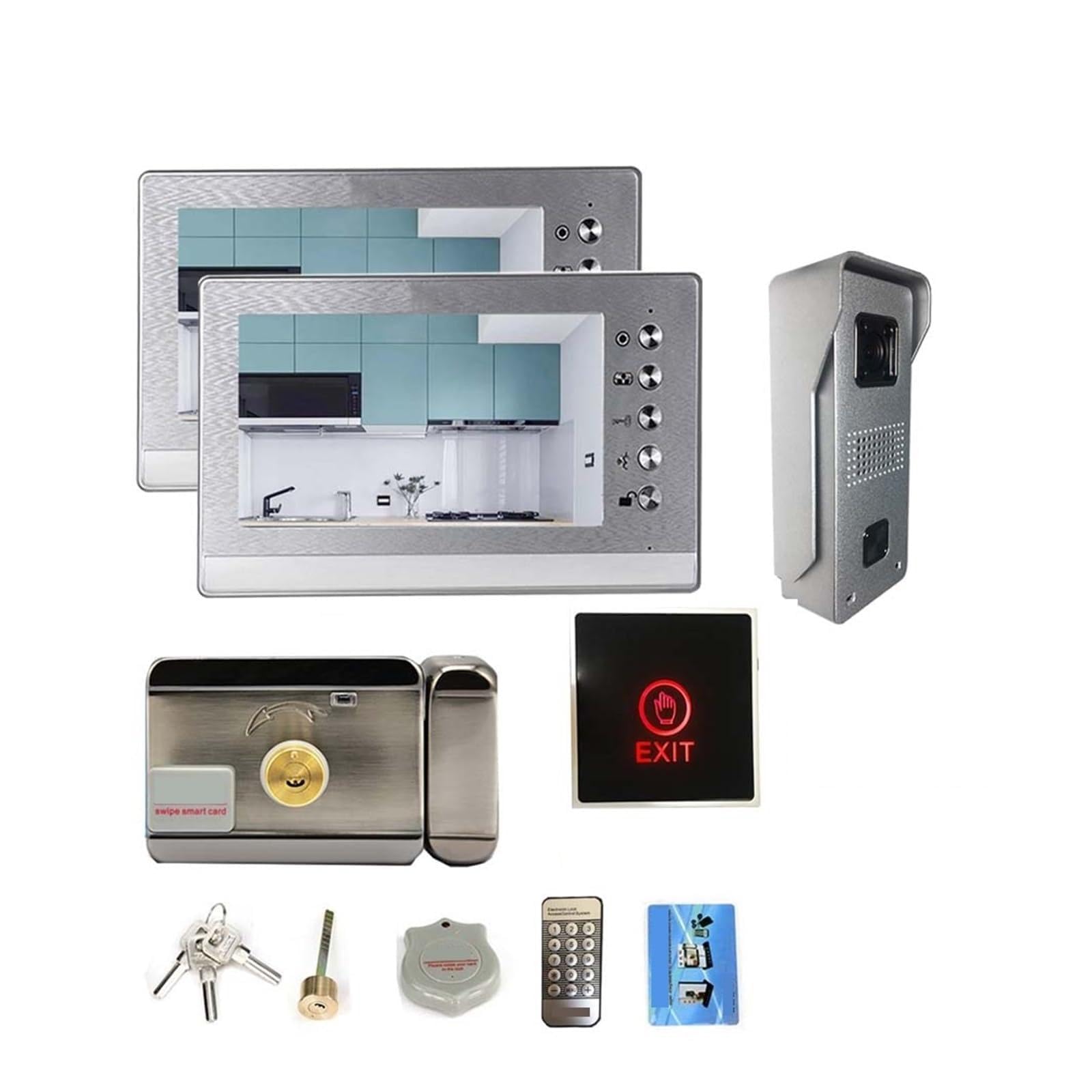7-calowy Wideodomofon Z Zamkiem Elektrycznym Przycisk Wyjścia System Kamer 2 Monitory Odblokuj Rozmowę Dwukierunkowa Transmisja DźWięKu(2 Monitor with Lock)