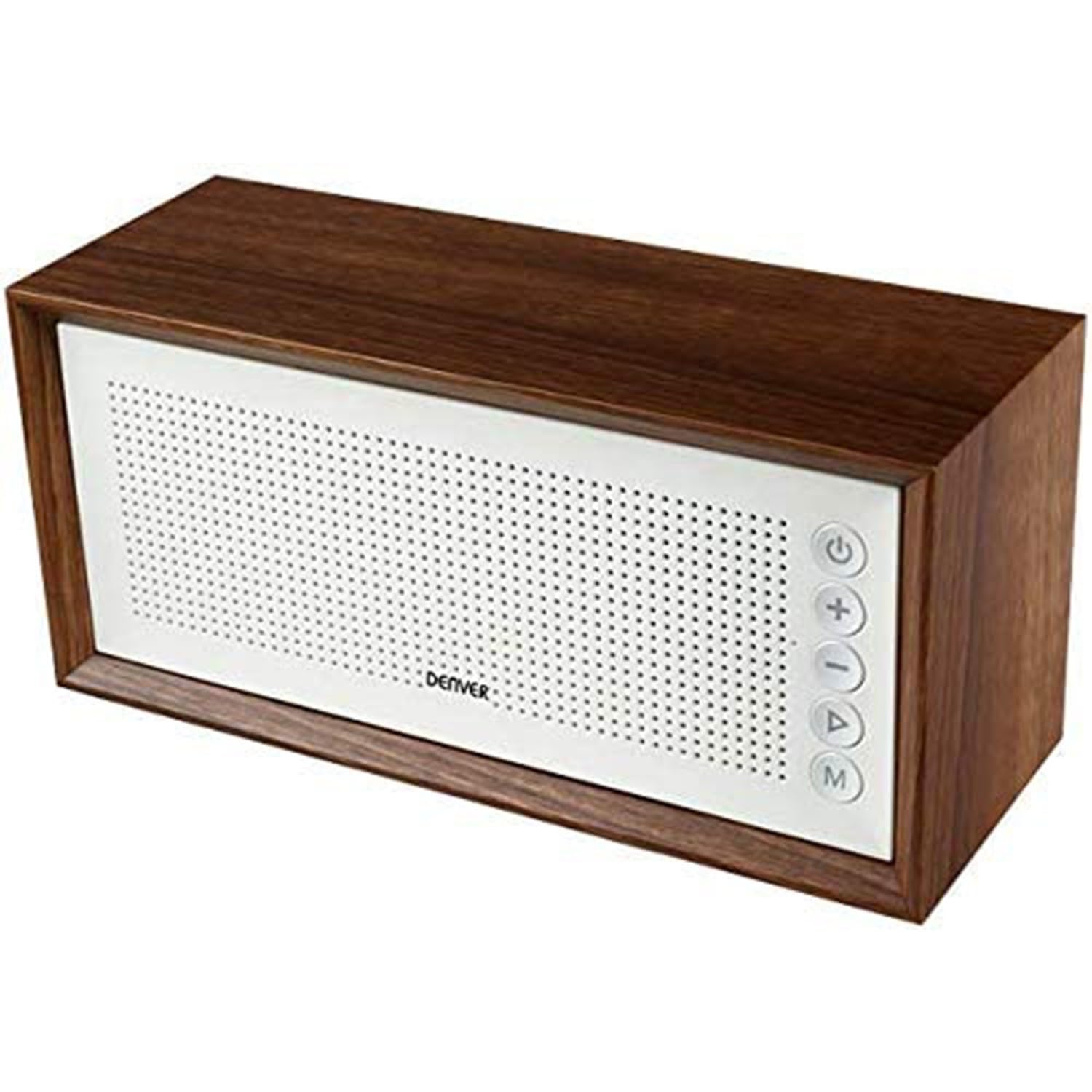 Denver BTS-210 - Enceinte portable - Tuner radio FM - Connexion Bluetooth et USB - Entrée AUX et carte SD - Batterie rechargeable 1500 mAh - Haut-parleurs : 10 W - Structure extérieure en bois - Blanc