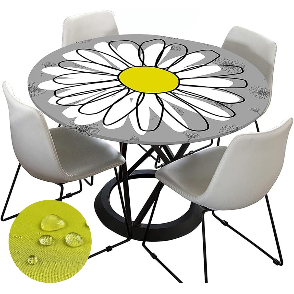 Chickwin Round Fitted Tablecloth Waterproof Dust-Proof Wipe Clean Daisy Printed Table Cover Elastic Edged, Table Protector for Kitchen Patio Dining Room (Grey daisy,90cm)