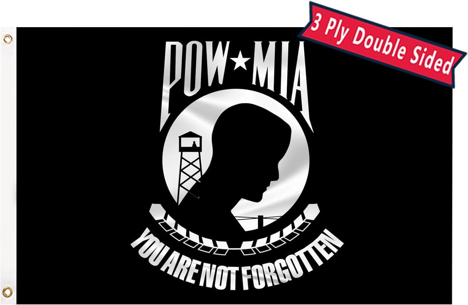 Pow Mia Flag 3x5 Outdoor Double Sided Heavy Duty Mia Pow Flags Three Layer 240D Polyester Fiber Bright Color with Durable Canvas Header and 2 Brass Grommets, You Are Not Forgotten Prisoner of War Military Flag