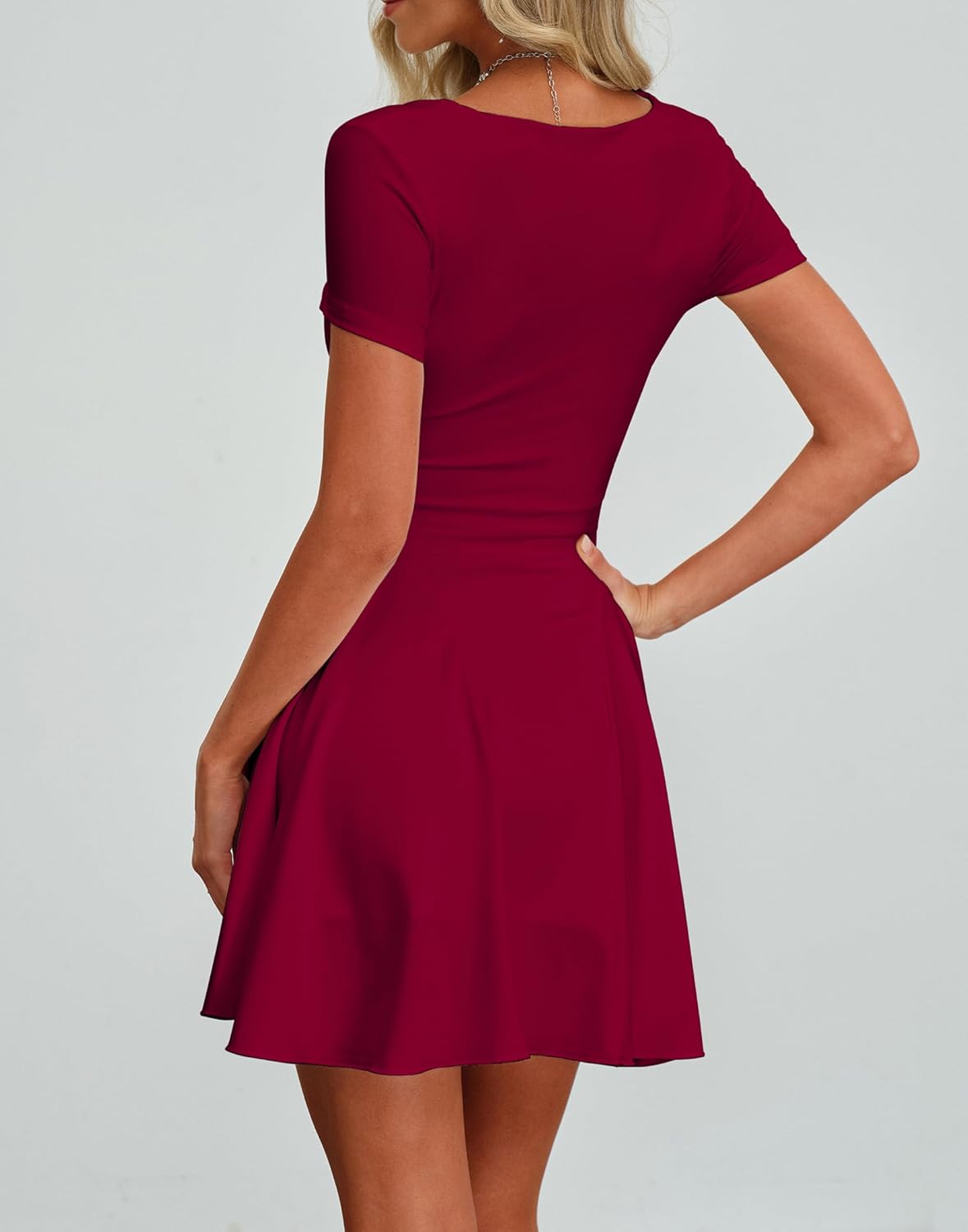 HYPERFIRE Women's Square Neck Flowy Dress Short Sleeve Ruched A Line Mini Short Dresses Party Going Out - Image 2