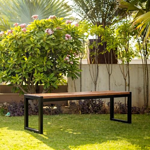 Image of BRISHI 3 Seater Metal Iron FRP Garden Bench for Indoor & Outdoor Park /Patio /Living Room /Terrace /Balcony /Office (Black + Wooden Texture)