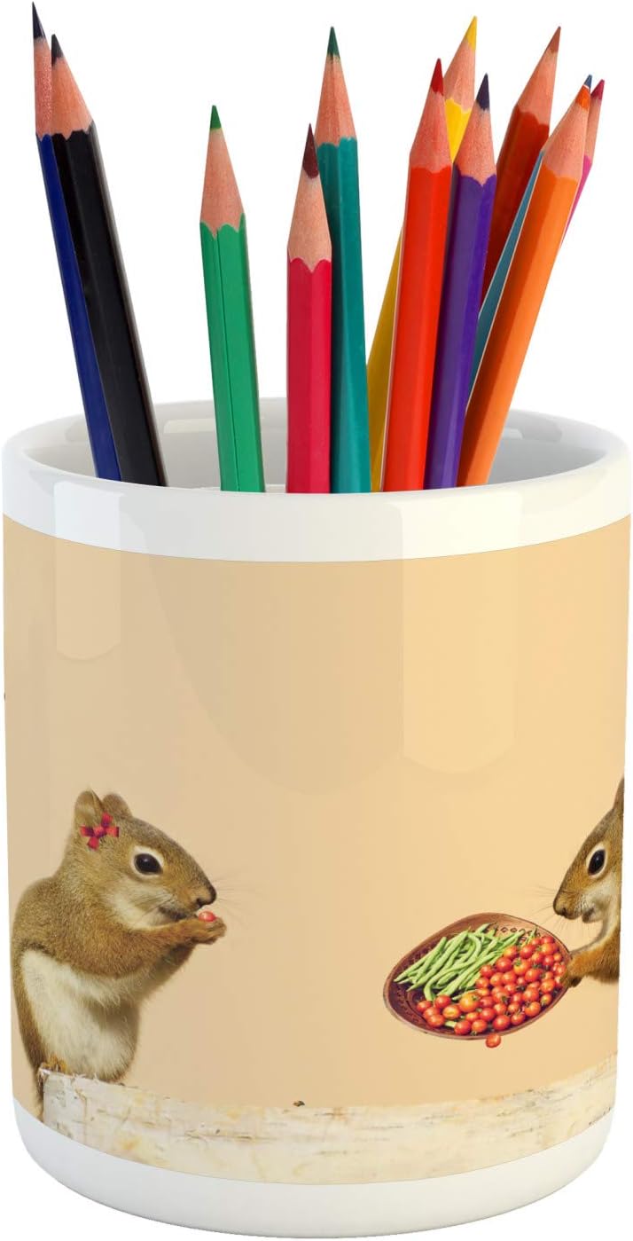 Lunarable Animals Pencil Pen Holder, Inspirational Words About Sharing and Squirrels Share Food, Ceramic Pencil Holder for Desk Office Accessory, 3.6 X 3.2, Pale Peach Multicolor