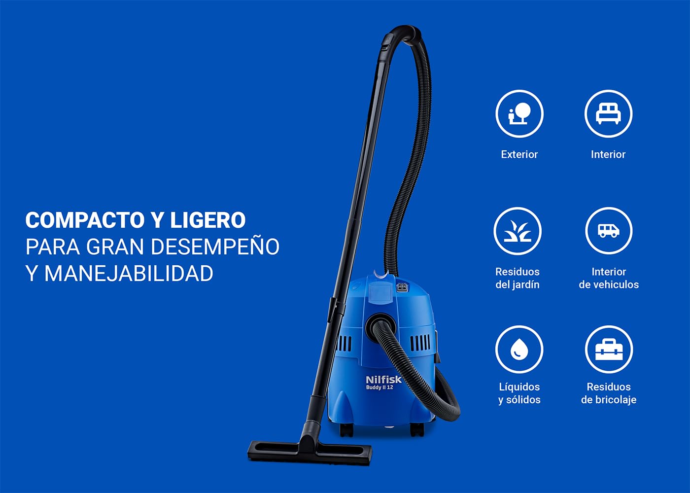 Nilfisk Buddy II 12L Aspirador de Agua y Polvo - Aspiradora de Bricolaje para Sólidos y Liquidos, Seco y Húmedo, Exterior e Interior (1200 W)