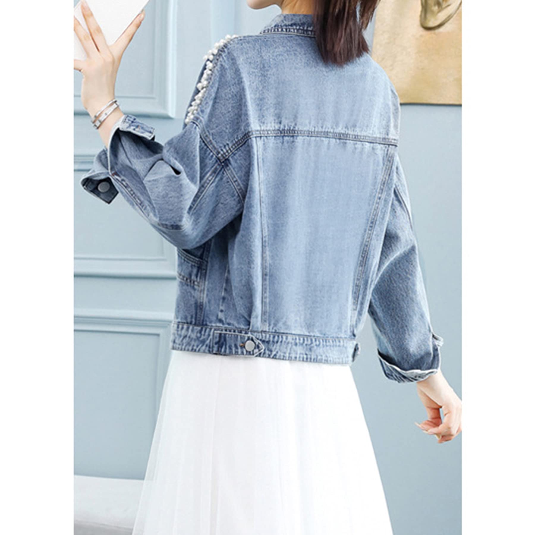Ainangua Chaqueta de mezclilla recortada para mujer, de gran tamaño, desgastada, corta, bordada, para novia