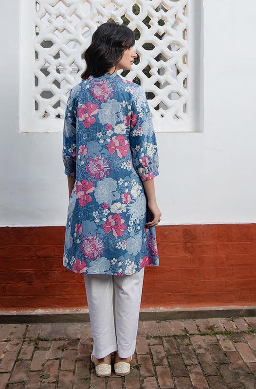 Image of Janasya Women's Light Blue Linen Cotton Solid A-line Top