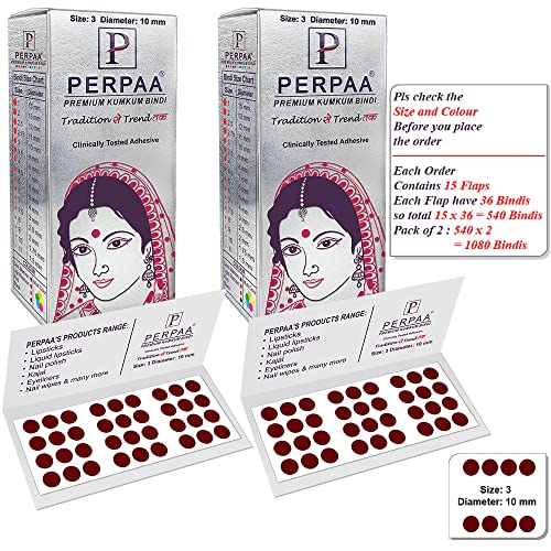 Image of PERPAA Kumkum Dark Maroon Round Bindi Book for Ladies Forehead Pack of 2-15 Flaps Each Box (Stick On) (03, Diameter 10mm)