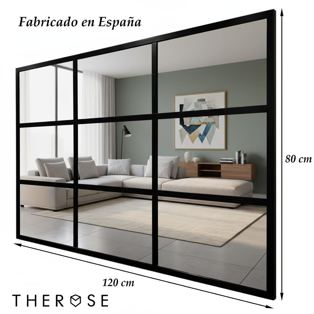 THEROSE Espejo Ventana, Espejo Industrial, Aluminio Negro 120 x 80 cm