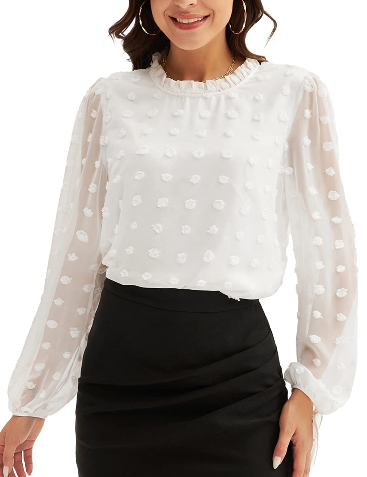 LIUMILACWomen Casual Swiss Dot Shirts Chiffon Dressy Blouses Pom Pom Long Sleeve Tops