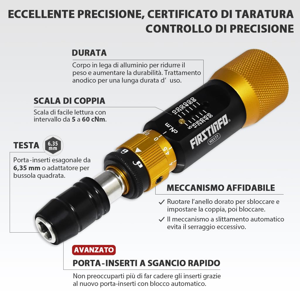 FIRSTINFO H5177 | Cacciavite Dinamometrico di Precisione Certificato | Attacco Rapido Hex 1/4" | Coppia Regolabile 5–60 cNm (0,05–0,6 Nm)