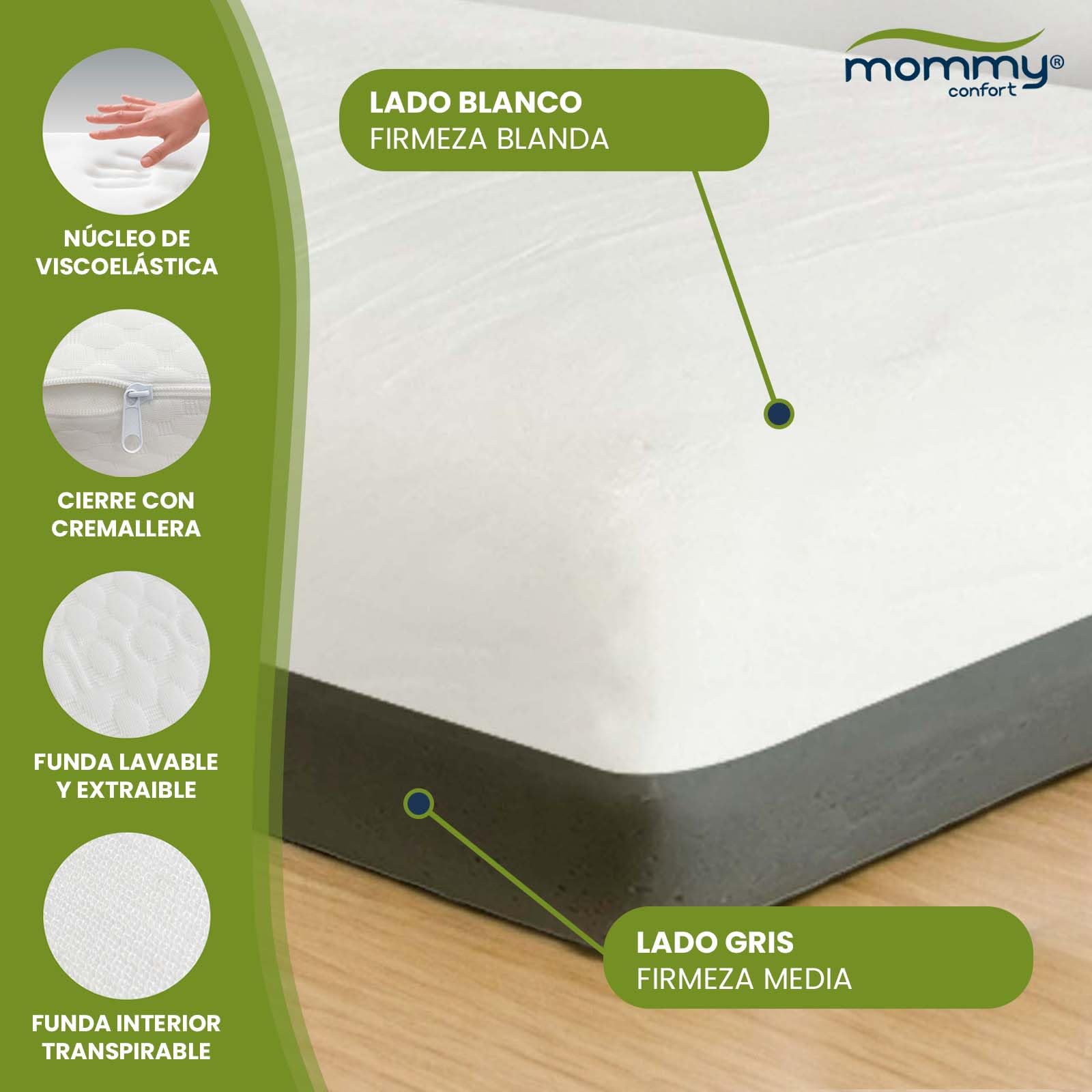 Almohada Viscoelástica 60cm Doble Firmeza Lado Blanco Suave Lado Gris Media Funda Interior Incluida Funda Bambú Lavable con Cremallera Ergonómica Transpirable Descanso Cómodo