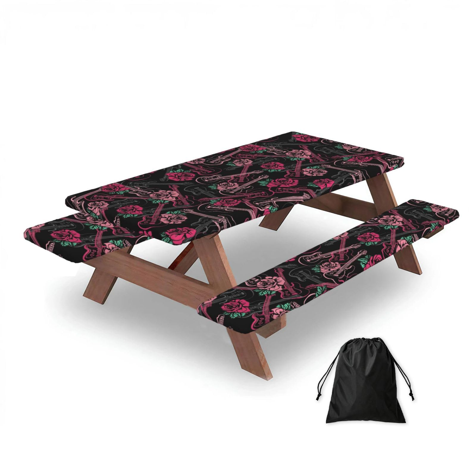 Dopklna As Picture Guitar And Rose, Picnic Table Cover With Bench Covers -Waterproof Elastic Fitted Tablecloth For Garden Camping Patio 76X152cm