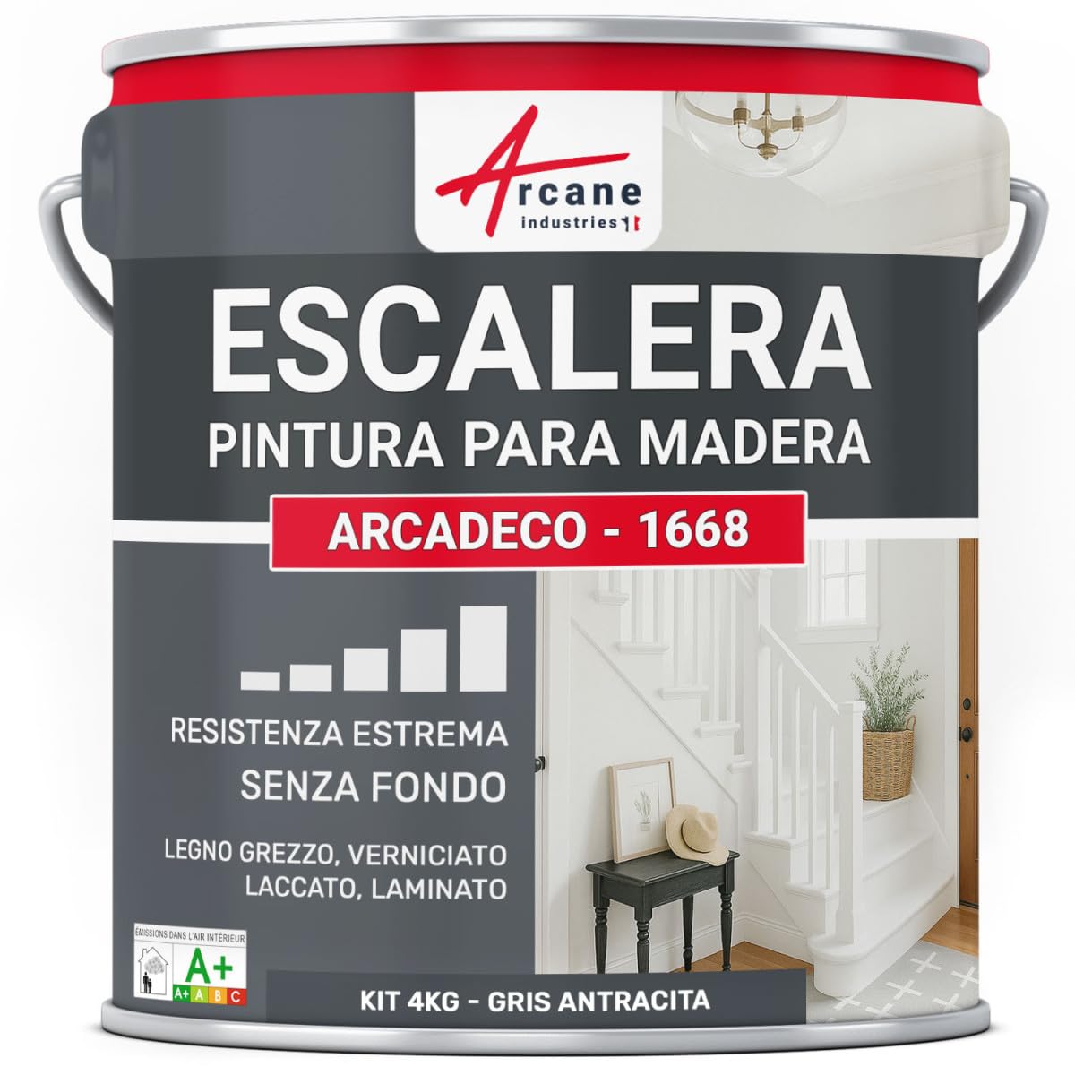 ARCANE INDUSTRIES Pintura Escalera Madera Antideslizante Lavable - ARCADECO 4 kg Gris Antracita