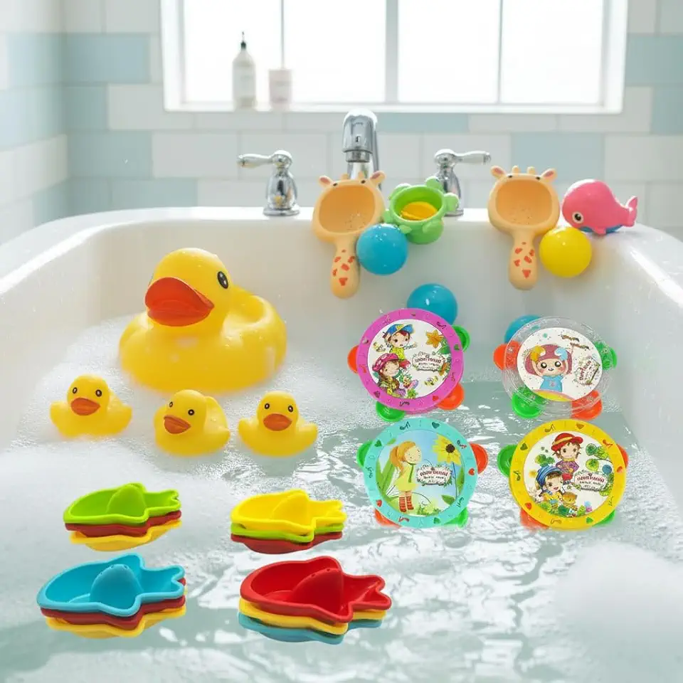 Kit de Brinquedos para Banho de Bebê 11 Peças Com Patinhos de Borracha Mini Pandeiro Musical Brinquedos Flutuantes