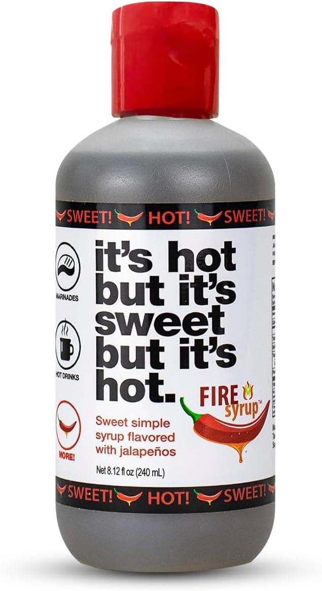 FIRE SYRUP - One Bottle - Jalapeno Infused Simple Syrup For Cocktails - It's hot but it's sweet but it's hot! - 8 Oz Bottle - Great For Spicy Margaritas, Foodie Gifts, Drizzle In Drinks, Foods, & Desserts!