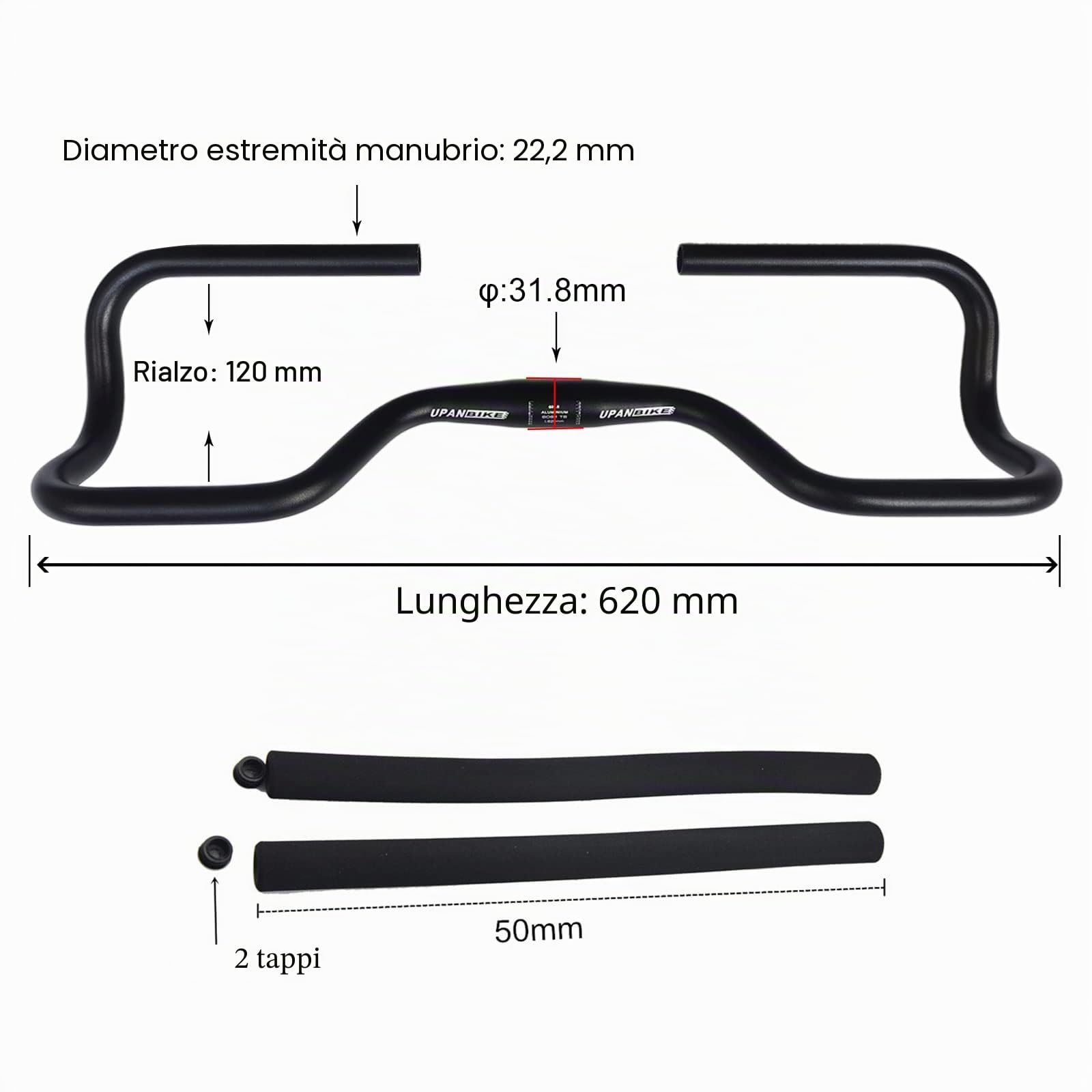 UPANBIKE Manubrio a farfalla per bicicletta, in lega di alluminio, ampio, tridimensionale, con copertura in spugna, per mountain bike e bici da strada (31,8 mm x 620 mm)