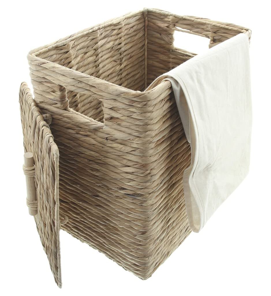 Dekoleidenschaft Panier à linge en jacinthe d'eau avec couvercle, 34 x 26 x 45 cm, panier à linge avec insert textile en coton crème, panier à linge, panier de rangement