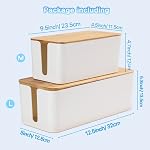 Cable Management Box Organizer, Set of 2 Bamboo Lid Large Storage Wire Holder to Conceal Hide Surge Protector, Power Strips & Cord on Desk Floor - with 5 Cable Tape for Home Office Computer TV USB Hub