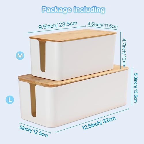 Miniatura 7 de Organizador de caja de gestión de cables, juego de 2 tapas de bambú, soporte de alambre de almacenamiento grande para ocultar sobretensiones, tiras
