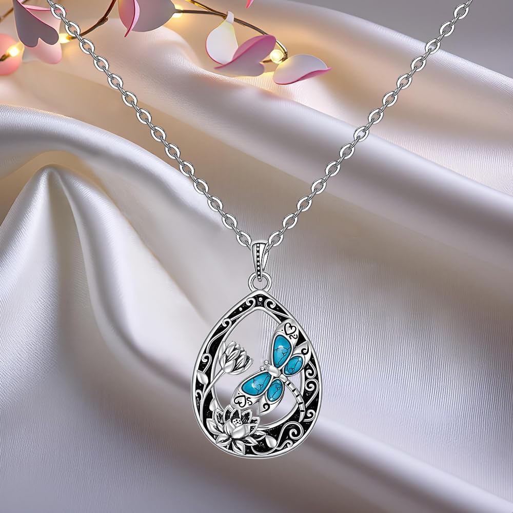 Turquoise Dragonfly Necklace Gifts for Women Sterling Silver Dragonfly Lotus Necklace Turquoise Filigree Lotus Flower Pendant Jewelry Boho Vintage Gifts - Image 8