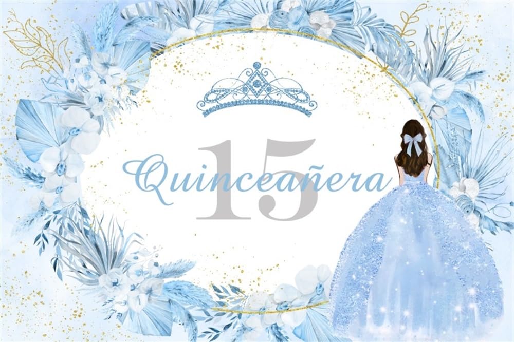 OFILA Quinceanera 15th Birthday Backdrop 8x6ft Sweet Baby Girls Boho Blue 15th Birthday Photography Background Floral Crown Princess Birthday Backdrop