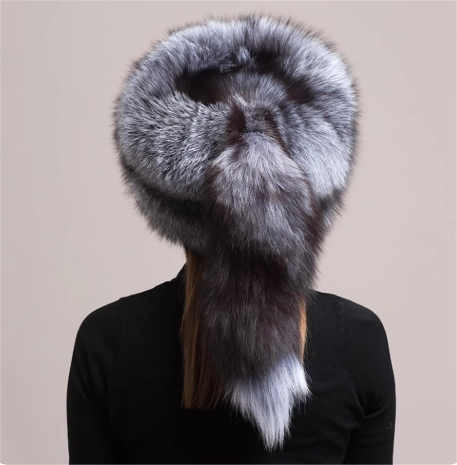 NU-256 Women's Winter Warm Furry Real Fox Fur Hat with Fluffy Fur Tail Hats Cap